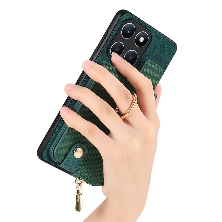 For Honor X6a 4G Case Zipper Pocket Kickstand Leather Phone Back Cover - Green