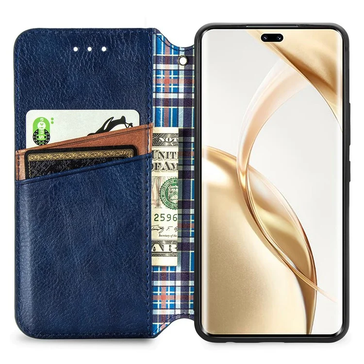 Pour le cas de Honor 200 Pro 5G Card Slot Cash Pocket Leather Phone Cover Rhombus Pattern - Bleu