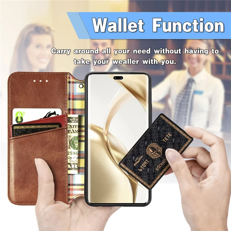 For Honor 200 Pro 5G PU Leather Case Rhombus Imprint Wallet Stand Phone Cover - Brown