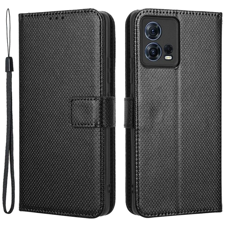 Para Motorola Moto S30 Pro 5G / Edge 30 Fusion 5G Funda de teléfono con textura de diamante, resistente a los golpes, de piel sintética PU con soporte y correa para la muñeca - Negro