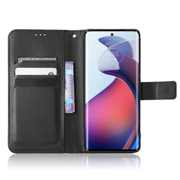 Para Motorola Moto S30 Pro 5G / Edge 30 Fusion 5G Funda de teléfono con textura de diamante, resistente a los golpes, de piel sintética PU con soporte y correa para la muñeca - Negro