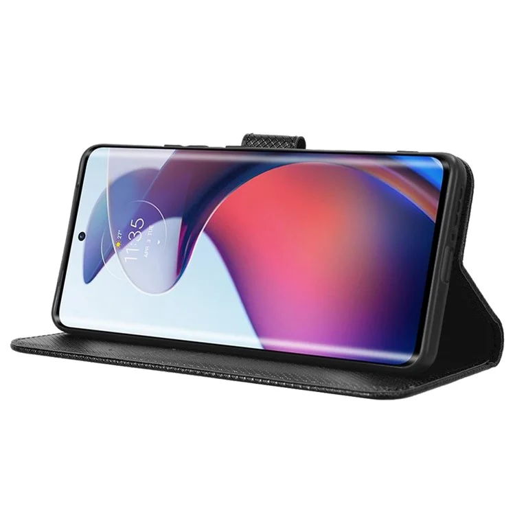 Para Motorola Moto S30 Pro 5G / Edge 30 Fusion 5G Funda de teléfono con textura de diamante, resistente a los golpes, de piel sintética PU con soporte y correa para la muñeca - Negro