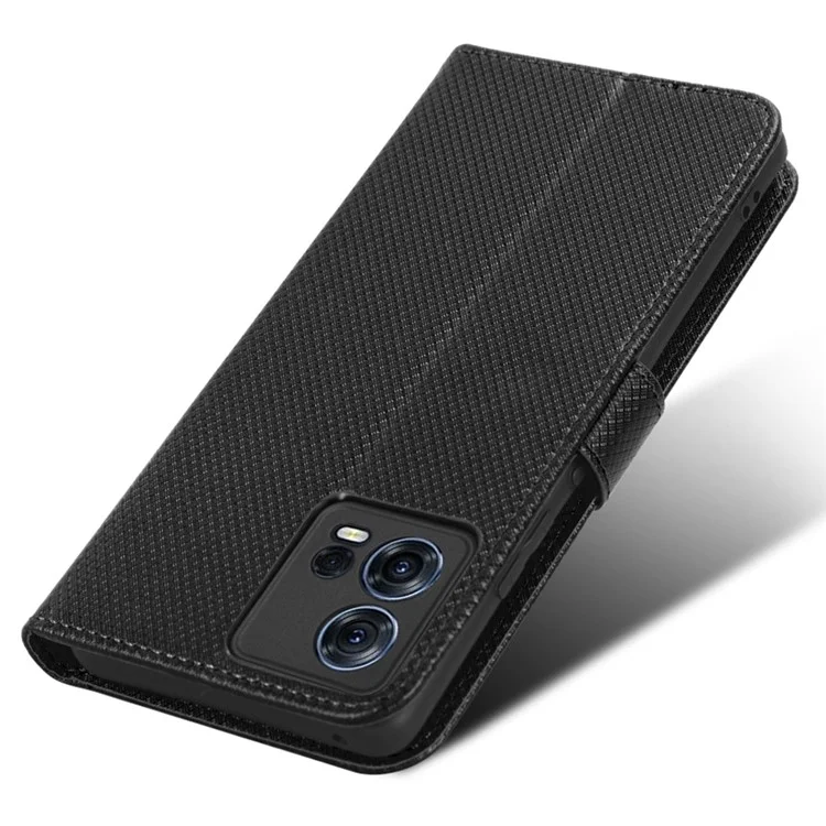 Para Motorola Moto S30 Pro 5G / Edge 30 Fusion 5G Funda de teléfono con textura de diamante, resistente a los golpes, de piel sintética PU con soporte y correa para la muñeca - Negro