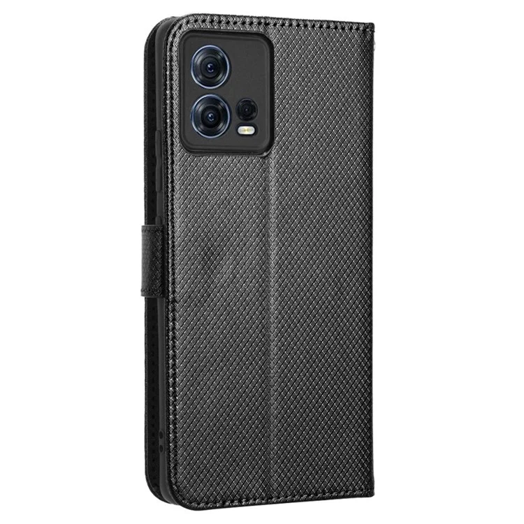Para Motorola Moto S30 Pro 5G / Edge 30 Fusion 5G Funda de teléfono con textura de diamante, resistente a los golpes, de piel sintética PU con soporte y correa para la muñeca - Negro
