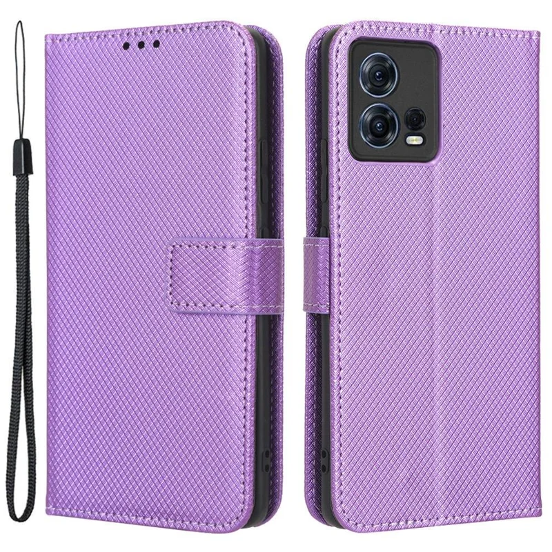 For Motorola Moto S30 Pro 5G / Edge 30 Fusion 5G Diamond Texture Phone Wallet Shockproof Shell PU Leather Stand Case with Wrist Strap - Purple