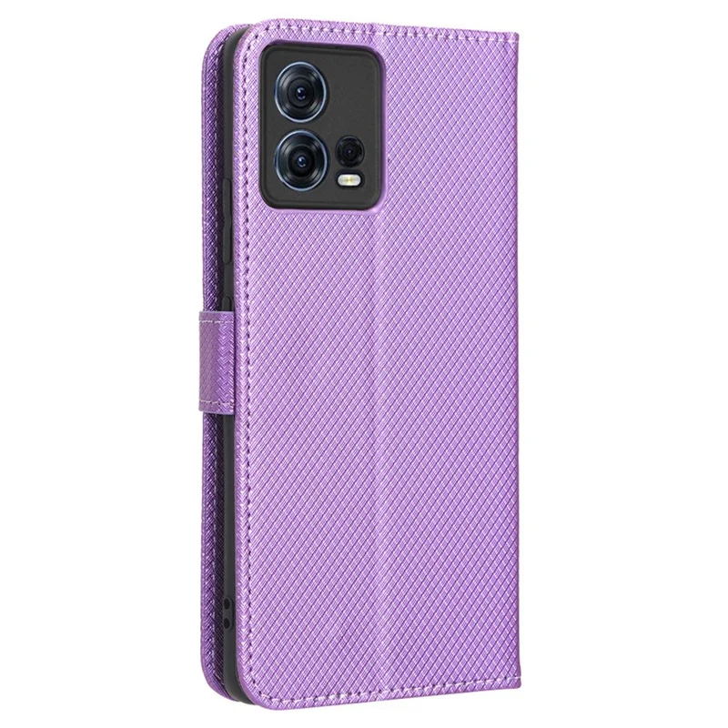 For Motorola Moto S30 Pro 5G / Edge 30 Fusion 5G Diamond Texture Phone Wallet Shockproof Shell PU Leather Stand Case with Wrist Strap - Purple