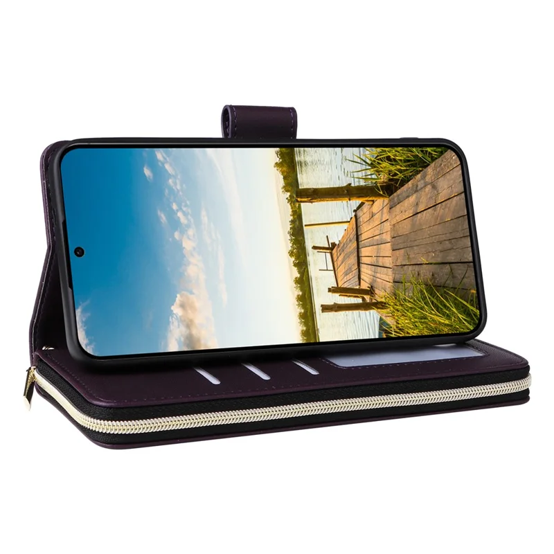 R20 Para Samsung Galaxy 14 5G Case Zipper Wallet PU Leather Stand Phone Cover - Roxo Escuro