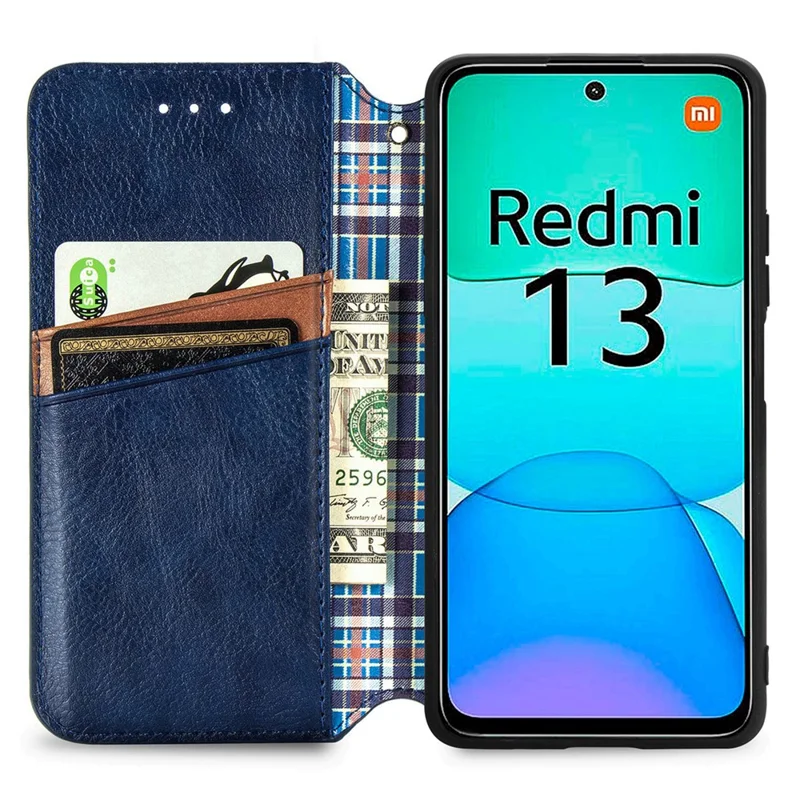 Per Xiaomi Redmi 13 5G / 13 4G, custodia con motivo a rombo impresso, cover in pelle per portafoglio e supporto per schede - Blu
