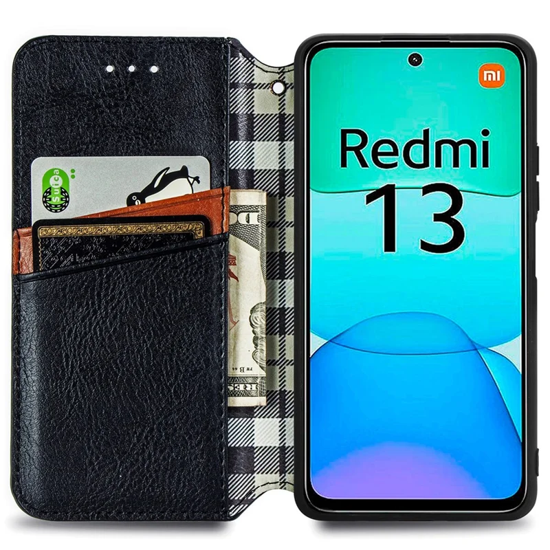 For Xiaomi Redmi 13 5G / 13 4G PU Leather Case Rhombus Imprint Wallet Stand Phone Cover - Black