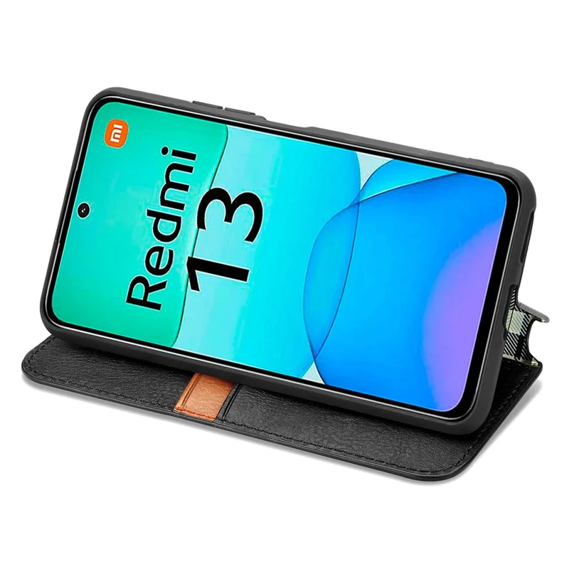 For Xiaomi Redmi 13 5G / 13 4G PU Leather Case Rhombus Imprint Wallet Stand Phone Cover - Black