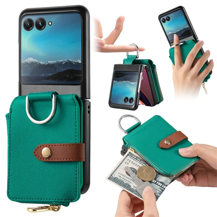 For Motorola Razr 40 Ultra 5G Case Leather Phone Back Cover Anti-Drop Ring Zipper Pocket Card Holder - Green