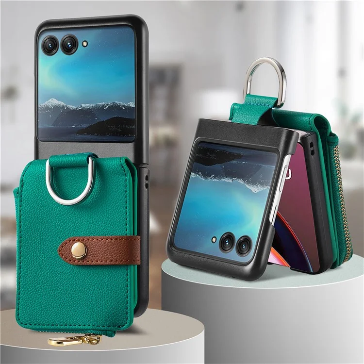 For Motorola Razr 40 Ultra 5G Case Leather Phone Back Cover Anti-Drop Ring Zipper Pocket Card Holder - Green