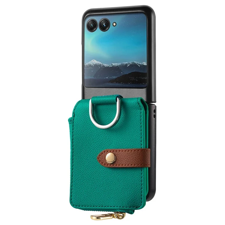 For Motorola Razr 40 Ultra 5G Case Leather Phone Back Cover Anti-Drop Ring Zipper Pocket Card Holder - Green