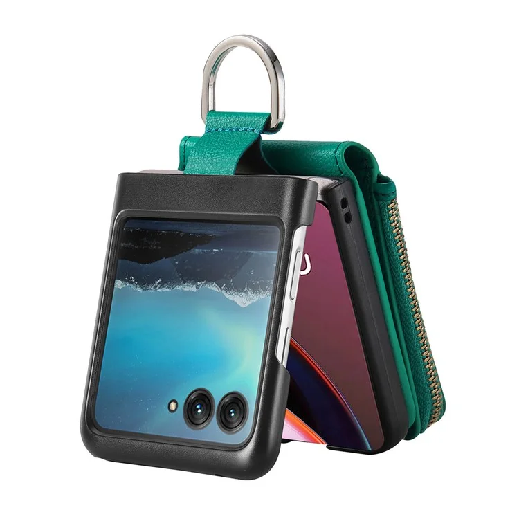 For Motorola Razr 40 Ultra 5G Case Leather Phone Back Cover Anti-Drop Ring Zipper Pocket Card Holder - Green