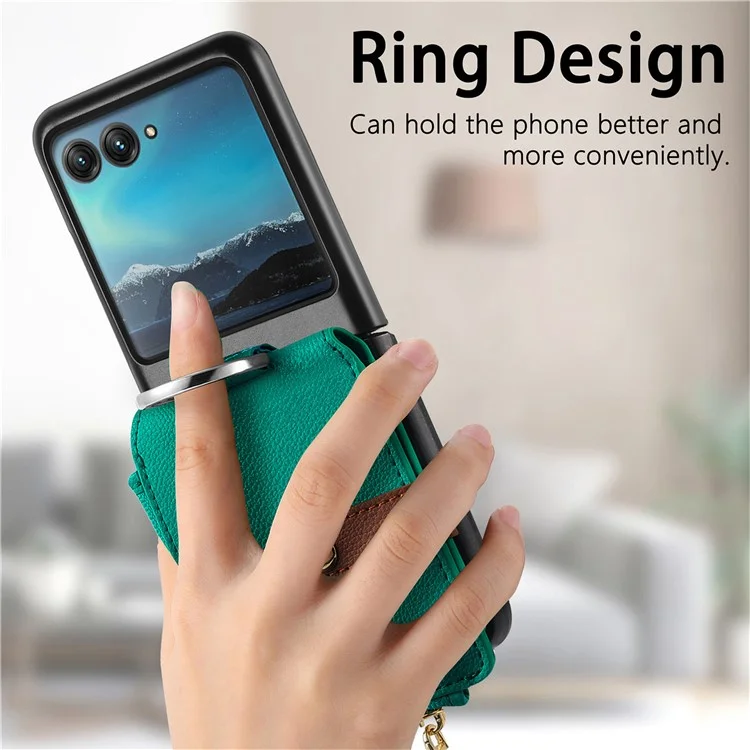 For Motorola Razr 40 Ultra 5G Case Leather Phone Back Cover Anti-Drop Ring Zipper Pocket Card Holder - Green