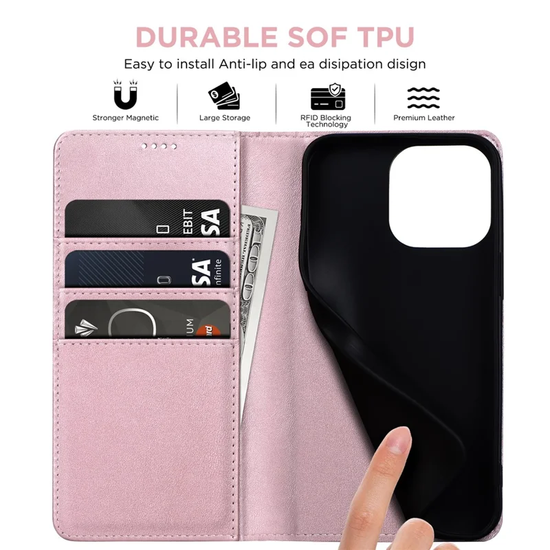 For iPhone 15 Pro Max Case RFID Blocking Wallet PU Leather Flip Phone Cover - Pink