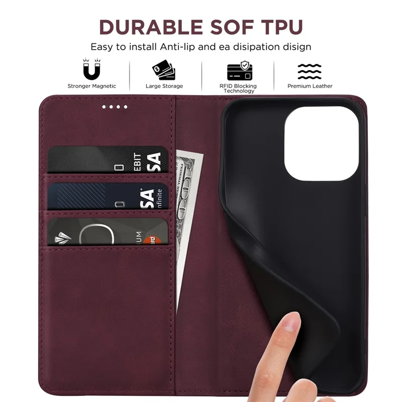 For iPhone 15 Pro Max Case RFID Blocking Wallet PU Leather Flip Phone Cover - Wine Red
