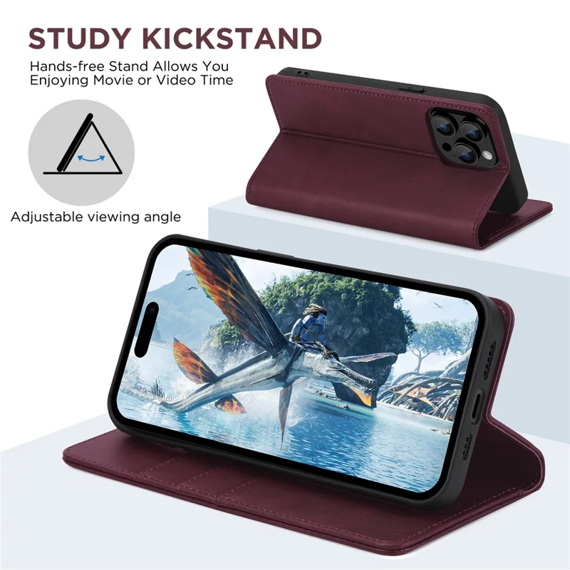 For iPhone 15 Pro Max Case RFID Blocking Wallet PU Leather Flip Phone Cover - Wine Red
