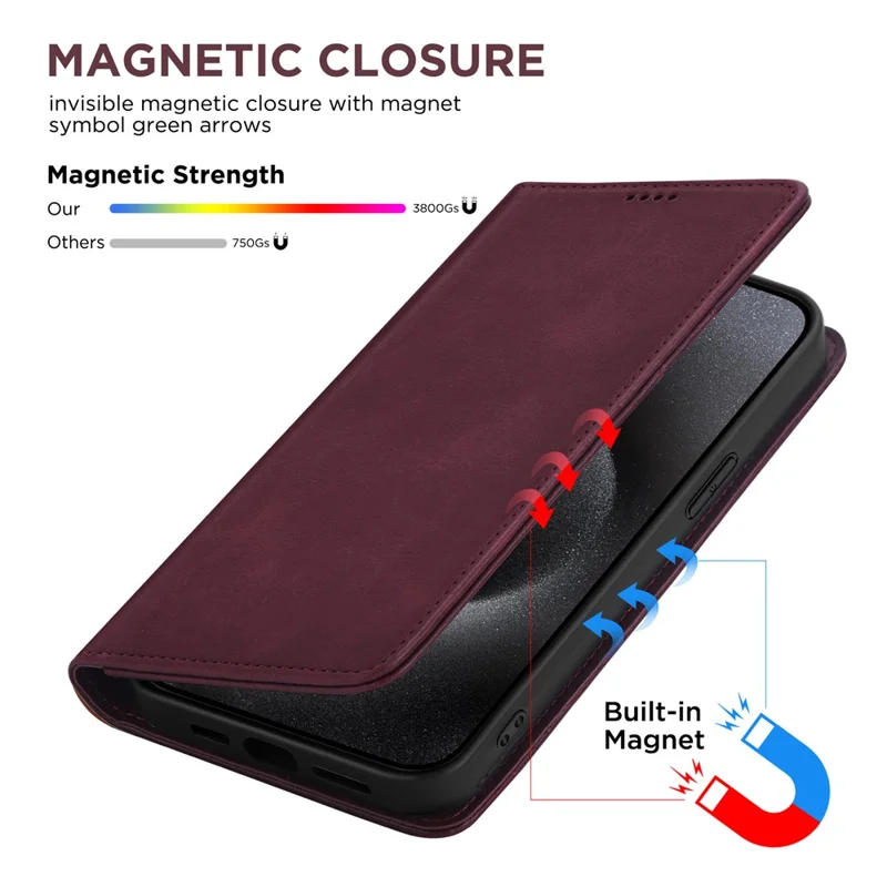 For iPhone 15 Pro Max Case RFID Blocking Wallet PU Leather Flip Phone Cover - Wine Red