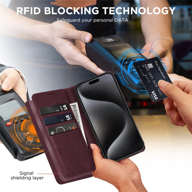 For iPhone 15 Pro Max Case RFID Blocking Wallet PU Leather Flip Phone Cover - Wine Red