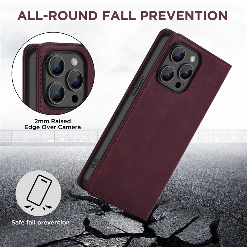 For iPhone 15 Pro Max Case RFID Blocking Wallet PU Leather Flip Phone Cover - Wine Red