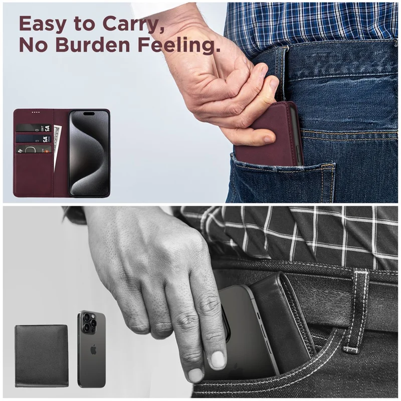 For iPhone 15 Pro Max Case RFID Blocking Wallet PU Leather Flip Phone Cover - Wine Red