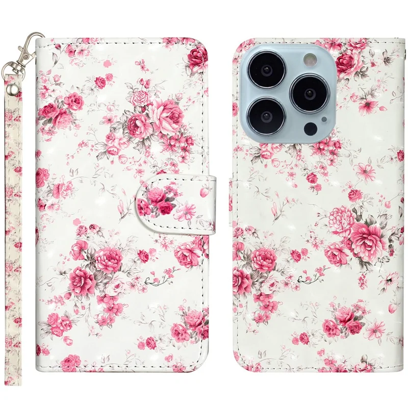 For iPhone 16 Pro Case Leather 3D Pattern Printed Phone Cover Stand Card Holder - Roses