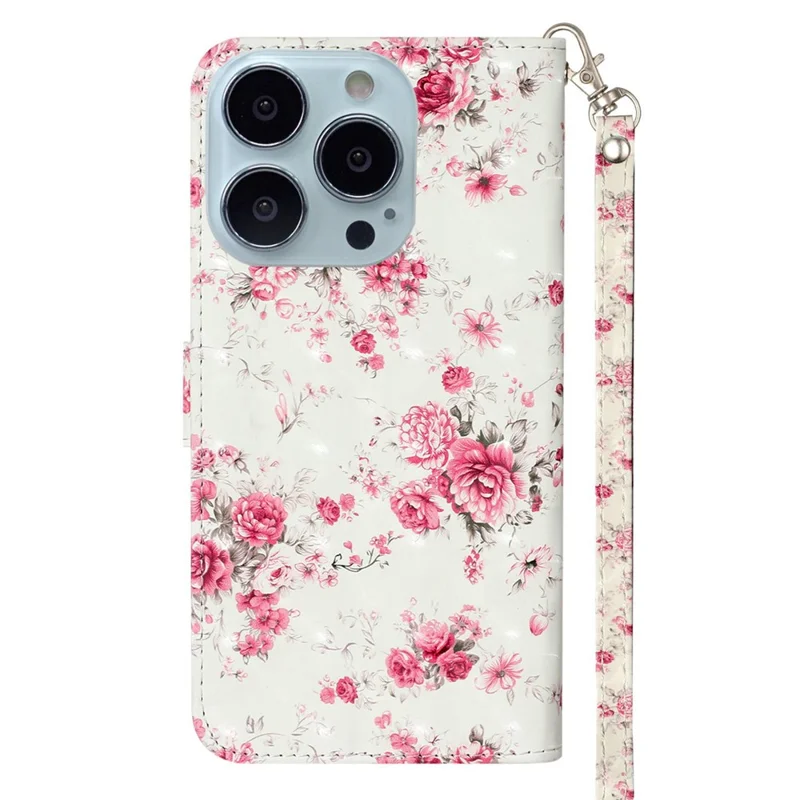 For iPhone 16 Pro Case Leather 3D Pattern Printed Phone Cover Stand Card Holder - Roses