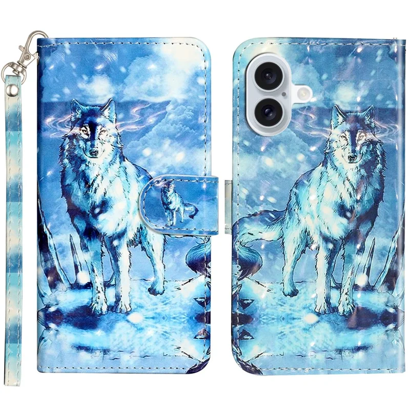 For iPhone 16 Plus Case 3D Patroon Geprint Leren Portemonnee Hoesje met Stand en Boekstyle - Sneeuwwolf