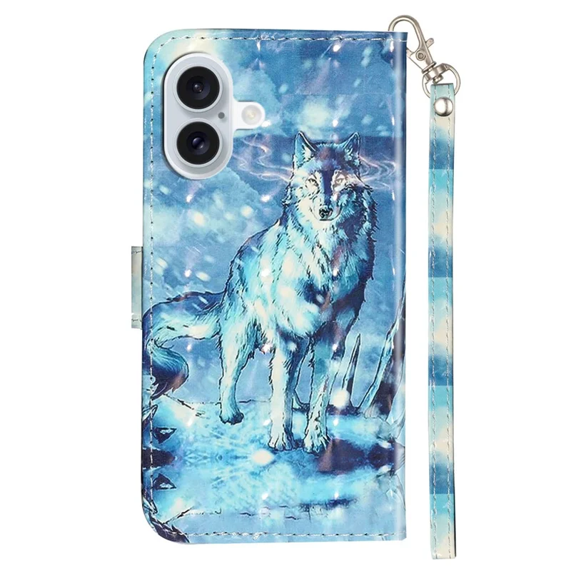For iPhone 16 Plus Case 3D Patroon Geprint Leren Portemonnee Hoesje met Stand en Boekstyle - Sneeuwwolf
