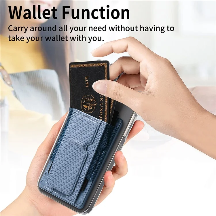 KB-60 Phone Card Holder Carbon Fiber Texture Metal Folding Kickstand Card Bag - Blau