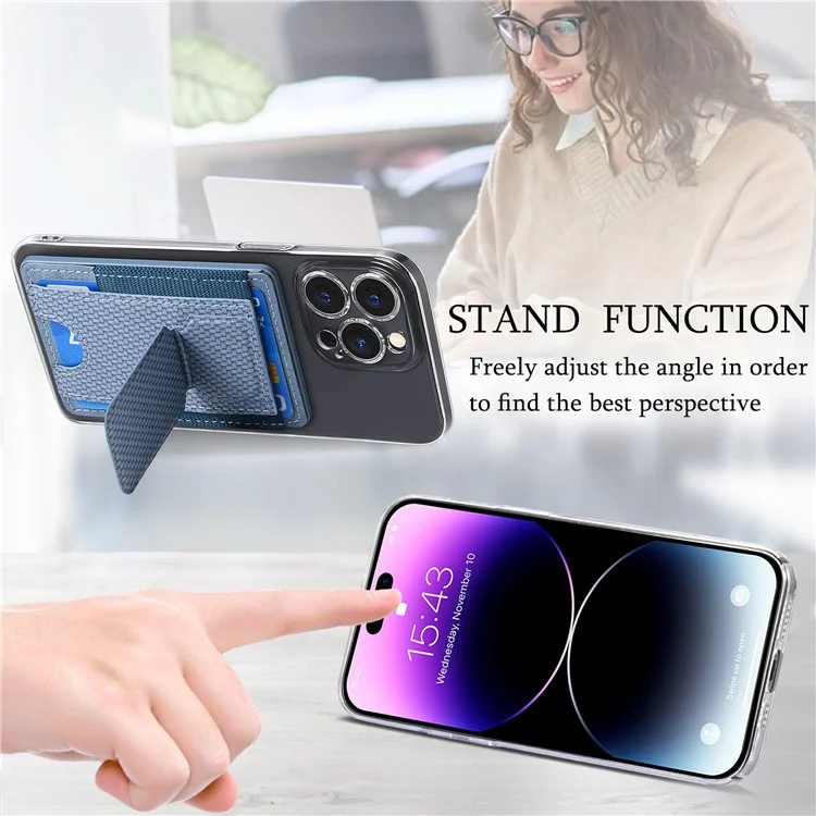 KB-60 Phone Card Holder Carbon Fiber Texture Metal Folding Kickstand Card Bag - Blau