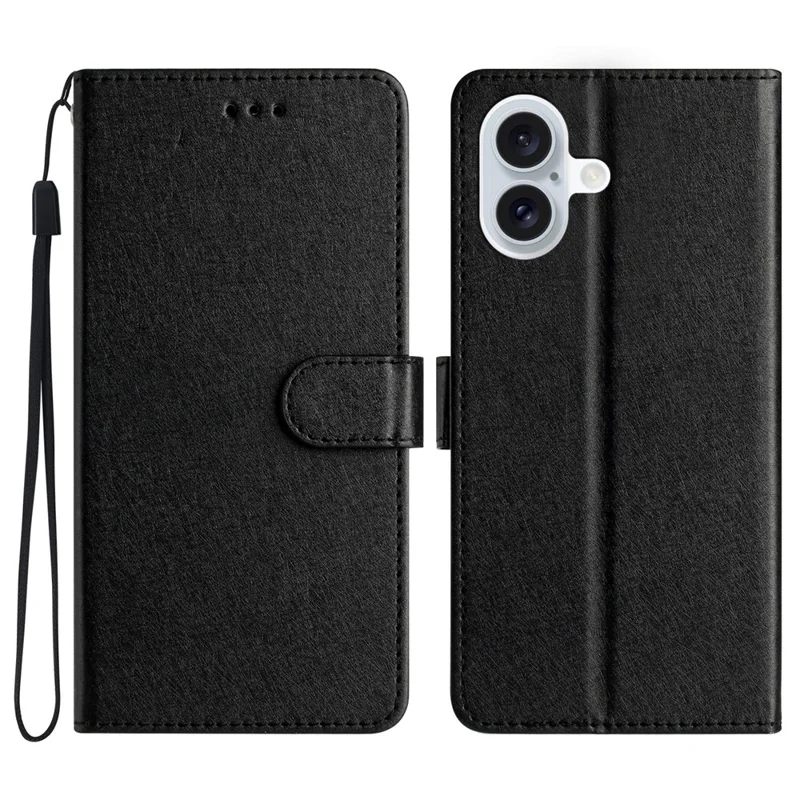 For iPhone 16 Case Silk Texture Leather Phone Cover Wallet with Credit Card Holder - Black