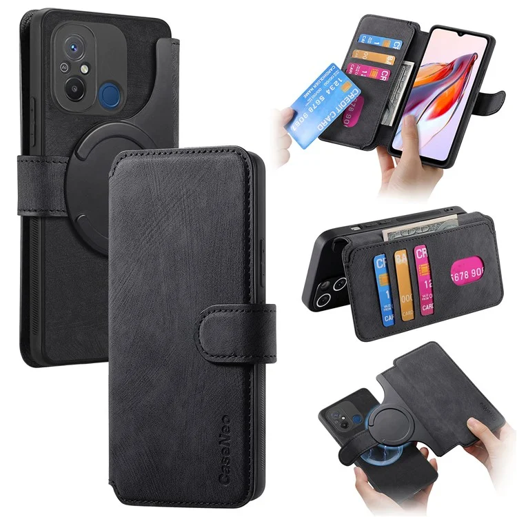 CASENEO MW-03 para Xiaomi Redmi 12C 4G Funda Cartera Desmontable Retro Funda de Teléfono - Negro