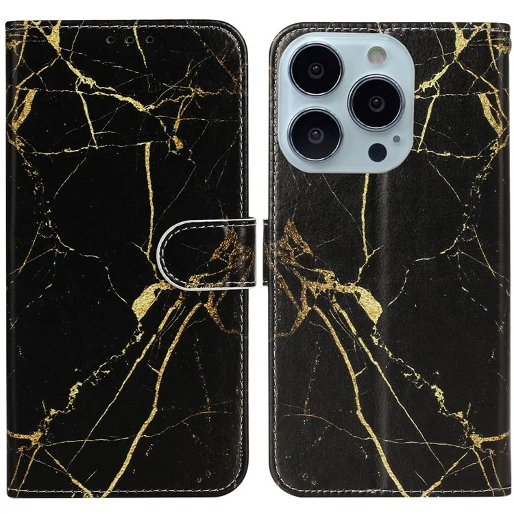 For iPhone 16 Pro Max Case Leather Pattern Design Flip Wallet Phone Cover - Black Gold Marble