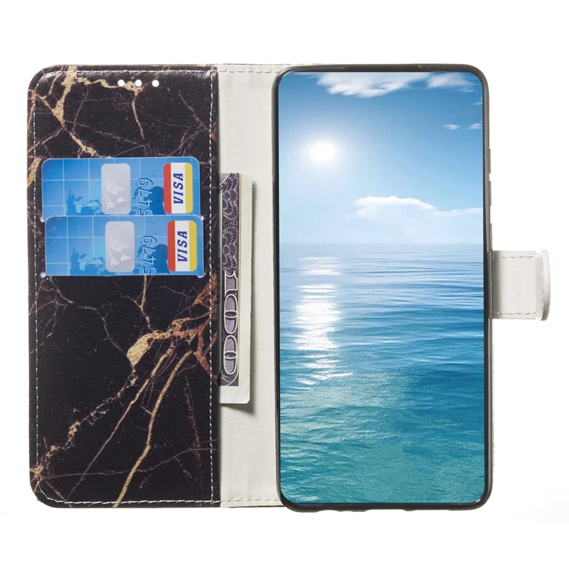 For iPhone 16 Pro Max Case Leather Pattern Design Flip Wallet Phone Cover - Black Gold Marble