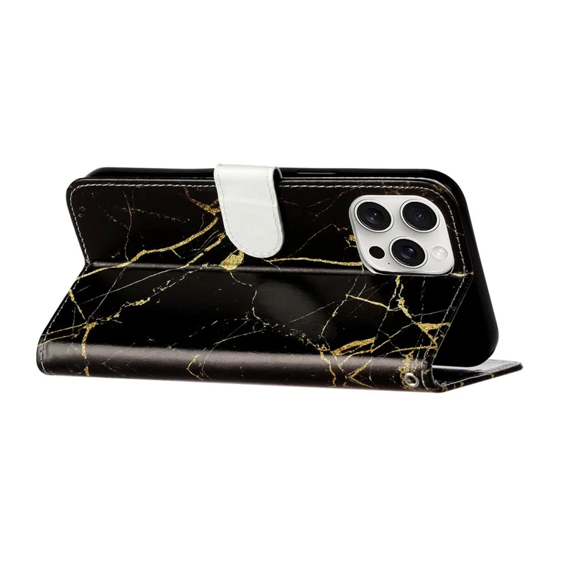 For iPhone 16 Pro Max Case Leather Pattern Design Flip Wallet Phone Cover - Black Gold Marble