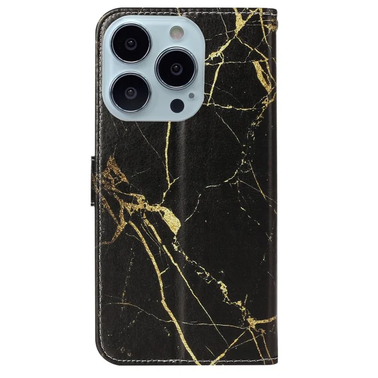 For iPhone 16 Pro Max Case Leather Pattern Design Flip Wallet Phone Cover - Black Gold Marble