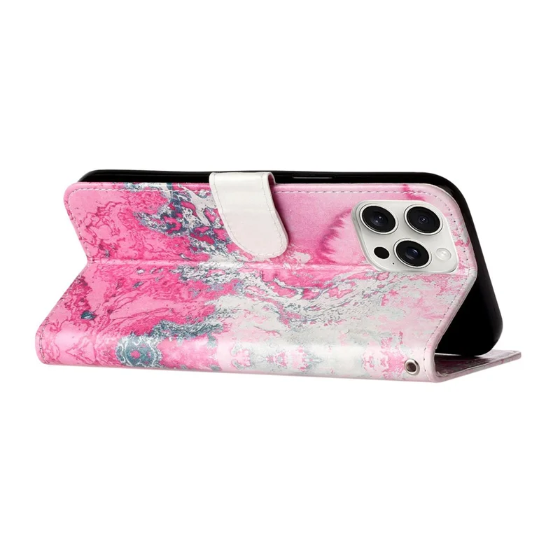 For iPhone 16 Pro Max Case Leather Pattern Design Flip Wallet Phone Cover - Pink Seawater Marble