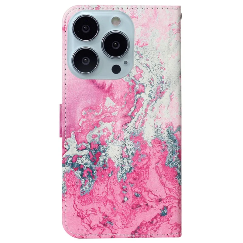 For iPhone 16 Pro Max Case Leather Pattern Design Flip Wallet Phone Cover - Pink Seawater Marble