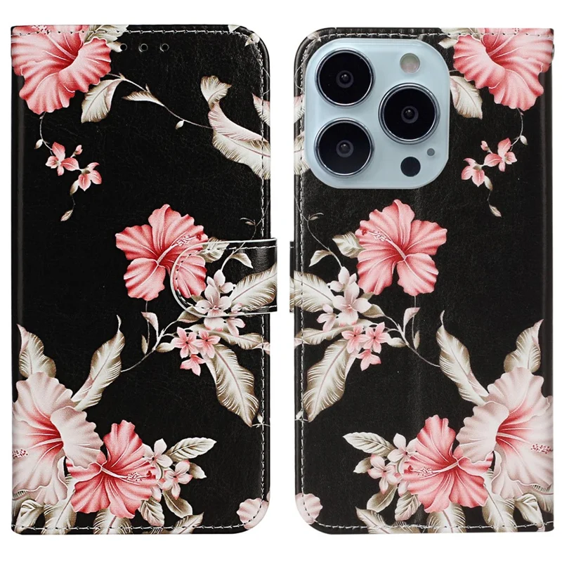 Pour iPhone 16 Pro Case Pattern Leather Phone Cover with Card Slots Holder - Rhododendron