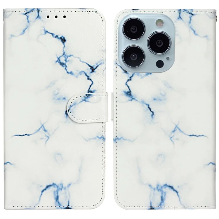 For iPhone 16 Case Pattern Stand Leather Phone Cover Card Slots Design - White Marble