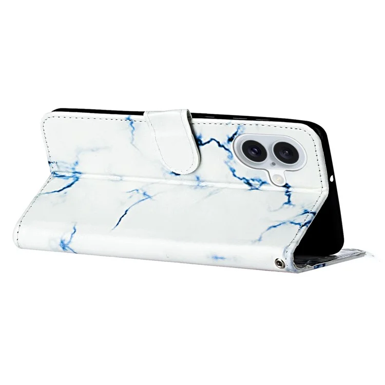 For iPhone 16 Case Pattern Stand Leather Phone Cover Card Slots Design - White Marble