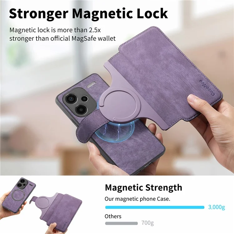 For Xiaomi Redmi Note 13 Pro+ 5G Magnetic Case CASENEO Detachable Leather Phone Wallet Cover - Purple