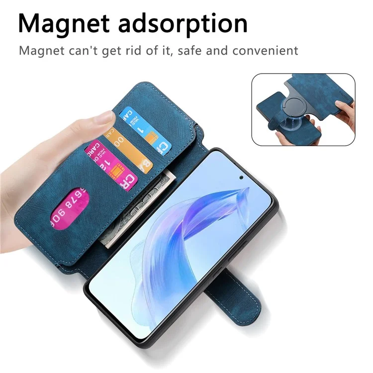 CASENEO MW-03 For Honor 90 Lite 5G Case Leather Wallet Detachable 2-in-1 Phone Cover - Azul Escuro