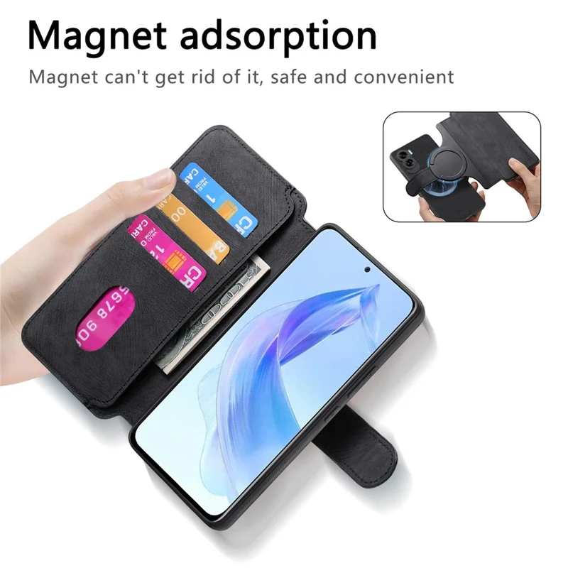 For Honor 90 Lite 5G Magnetic Case CASENEO Detachable Leather Phone Wallet Cover - Black