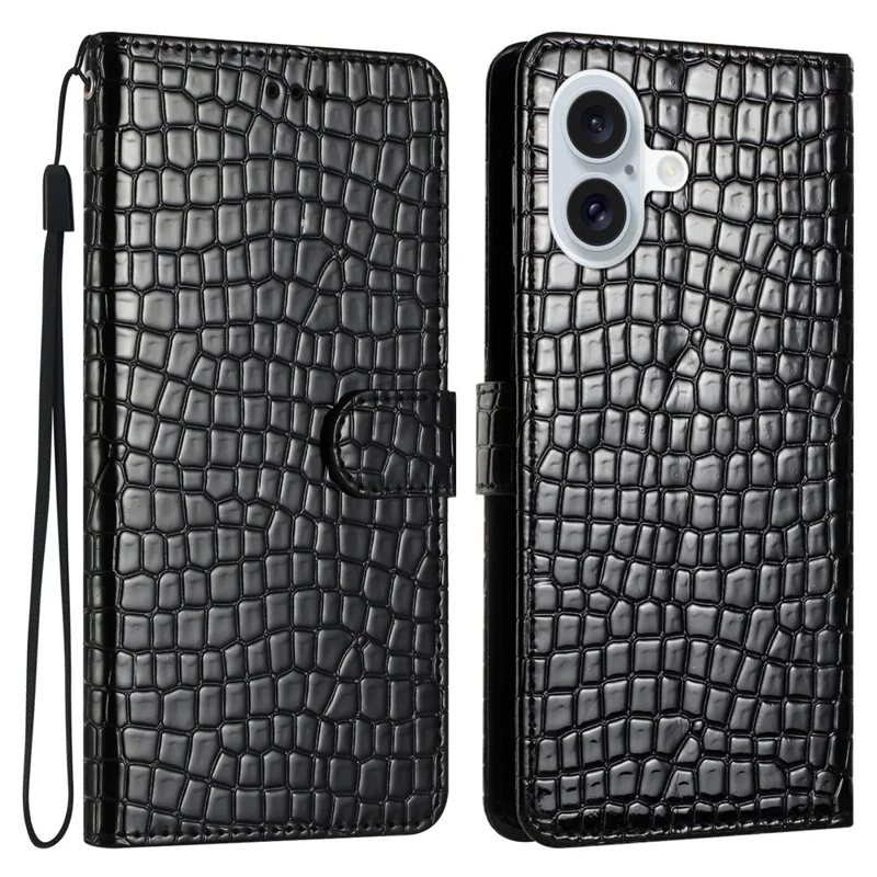 For iPhone 16 Plus Case Crocodile Texture Leather Phone Cover Card Slots Stand Function - Black