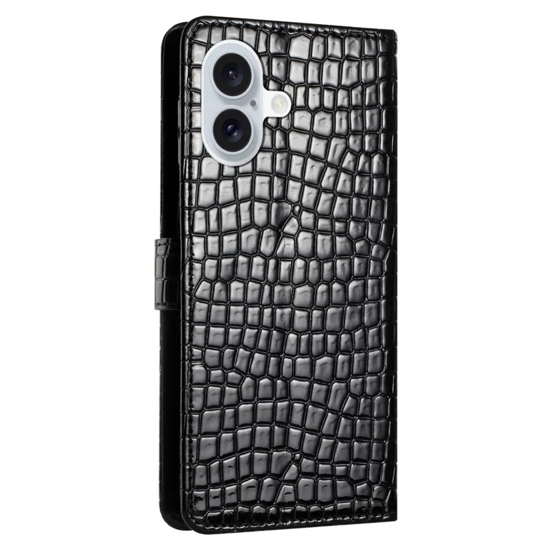 For iPhone 16 Plus Case Crocodile Texture Leather Phone Cover Card Slots Stand Function - Black