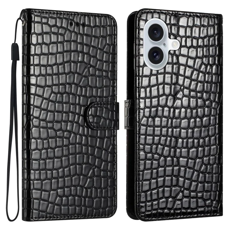 Für iPhone 16 Case Flip Stand Leather Crocodile Texture Phone Cover - Schwarz
