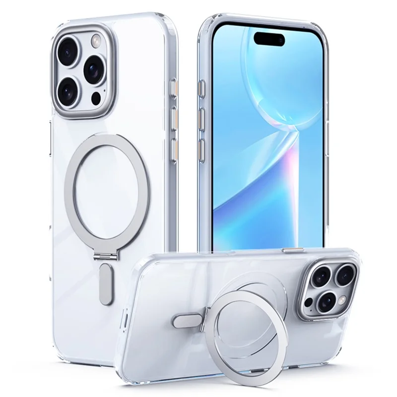 غطاء لهاتف iPhone 16 Pro Max متوافق مع MagSafe، غطاء هاتف شفاف بمسند قابل للتعديل من مادة TPU وأكريليك - شفاف